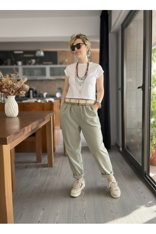 Betty İtalyan Balon Kemerli Pantolon Haki