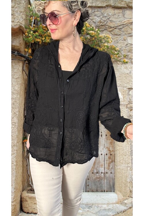 Bohho İthal Kapüşonlu Nakışlı Gömlek Ceket Siyah