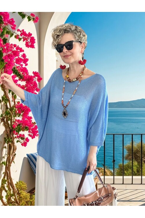 Busse Kayık Yaka Salaş Merserize Bluz Açık Mavi
