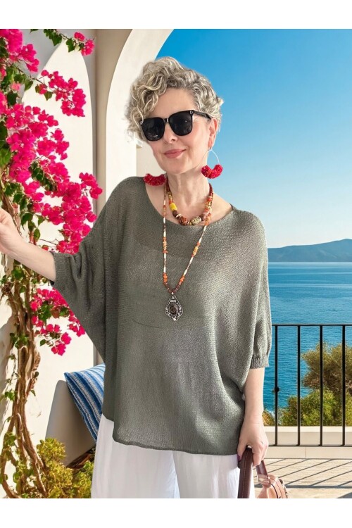 Busse Kayık Yaka Salaş Merserize Bluz Haki