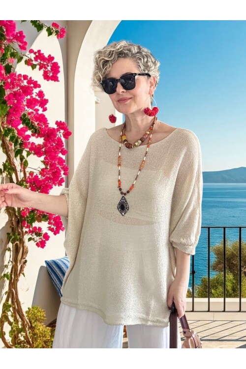 Busse Kayık Yaka Salaş Merserize Bluz Taş