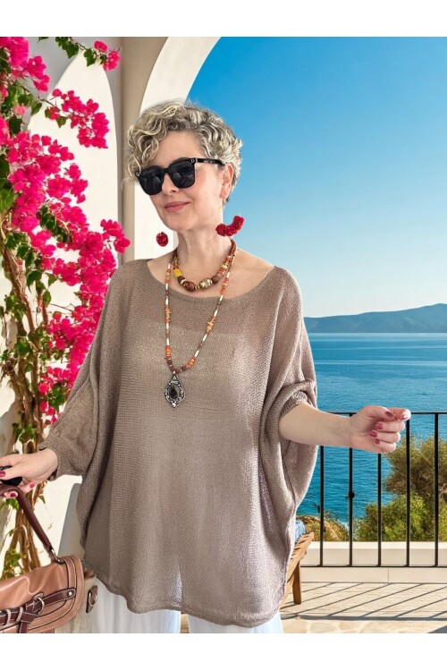 Busse Kayık Yaka Salaş Merserize Bluz Vizon