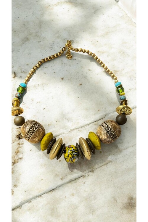 Cintura  Pirinç Cam Etnik Kolye Safran