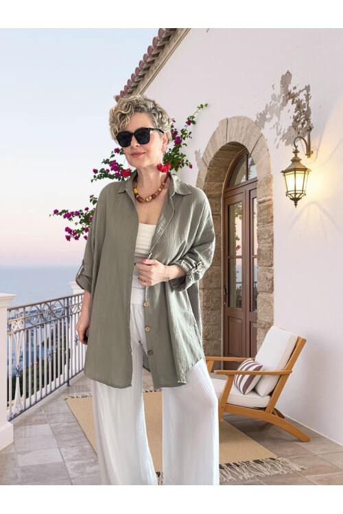 Clara Yan Düğme Detaylı Pamuklu Truvakar Tunik Gömlek Haki