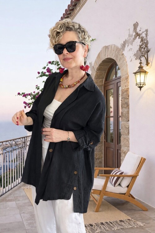 Clara Yan Düğme Detaylı Pamuklu Truvakar Tunik Gömlek Siyah