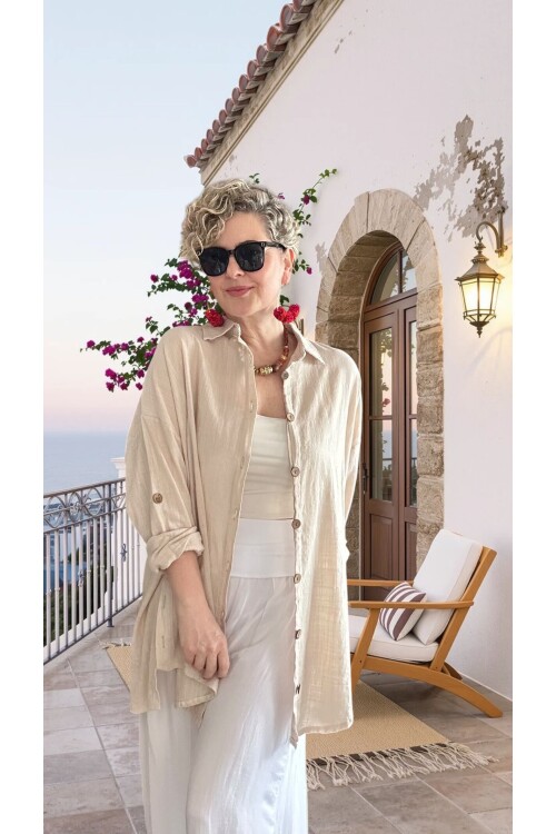Clara Yan Düğme Detaylı Pamuklu Truvakar Tunik Gömlek Taş