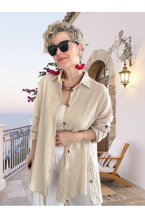Clara Yan Düğme Detaylı Pamuklu Truvakar Tunik Gömlek Taş