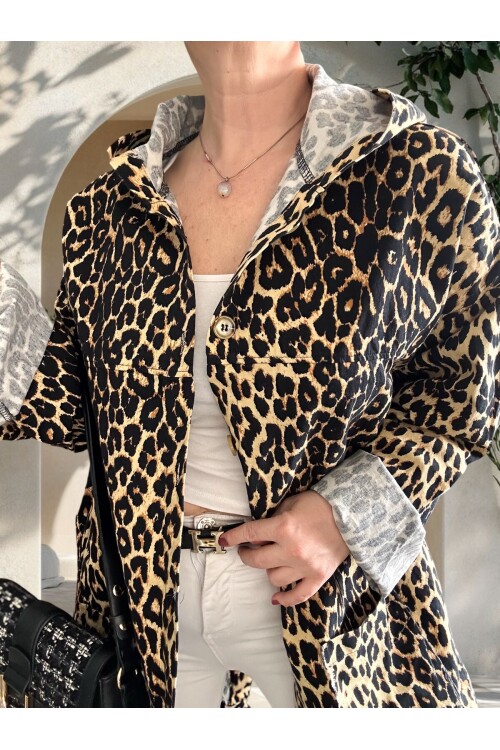 Dazza Tasarım Leopar Desen Sırt Pul Detay Ceket