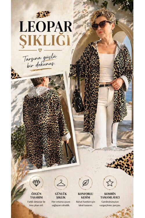 Dazza Tasarım Leopar Desen Sırt Pul Detay Ceket