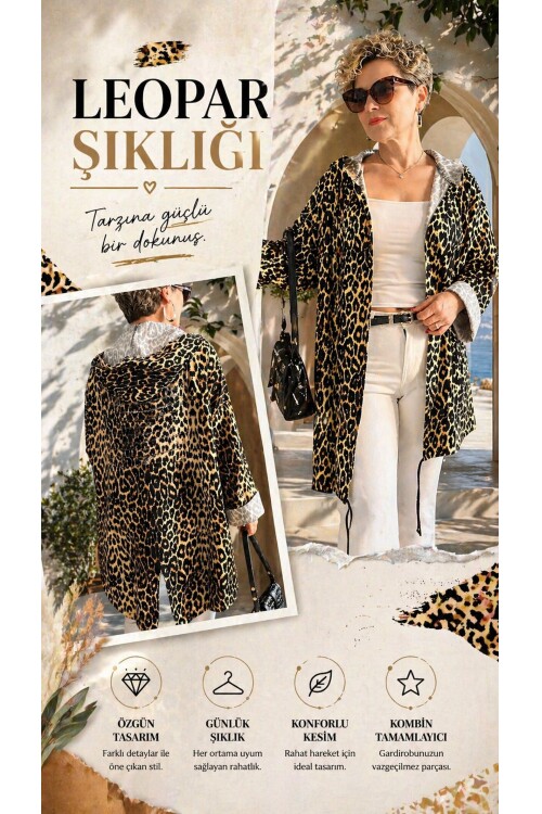 Dazza Tasarım Leopar Desen Sırt Pul Detay Ceket