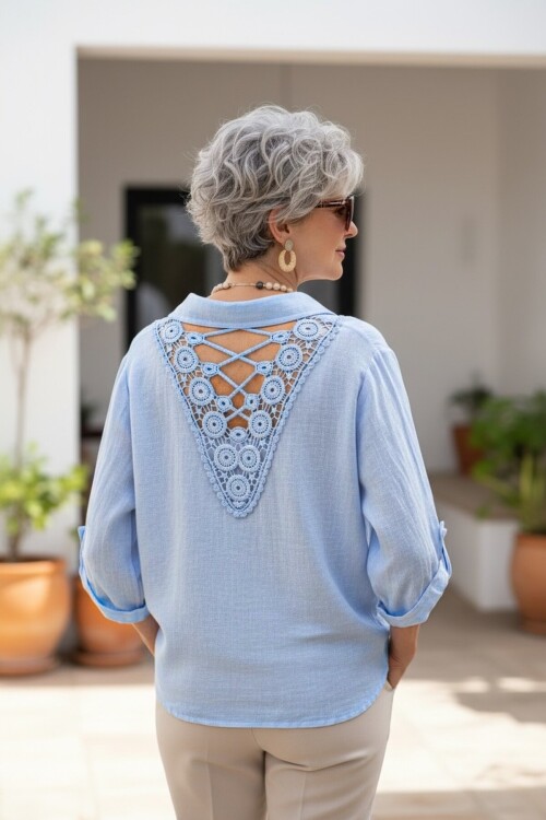 Della Sırt Brode İşlemeli İthal Keten Gömlek Bebe Mavi