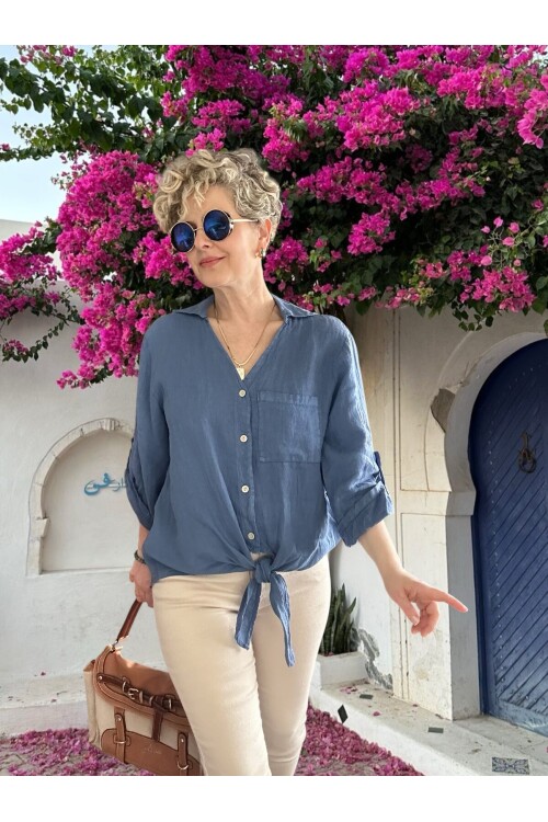 Della Sırt Brode İşlemeli İthal Keten Gömlek İndigo