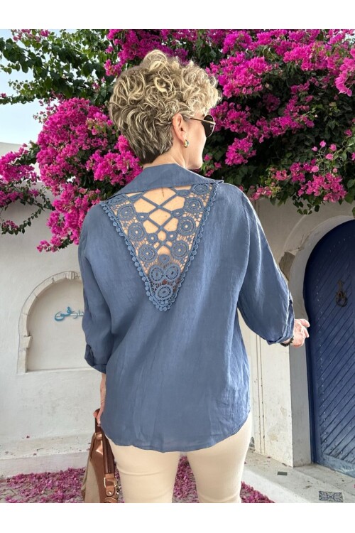 Della Sırt Brode İşlemeli İthal Keten Gömlek İndigo