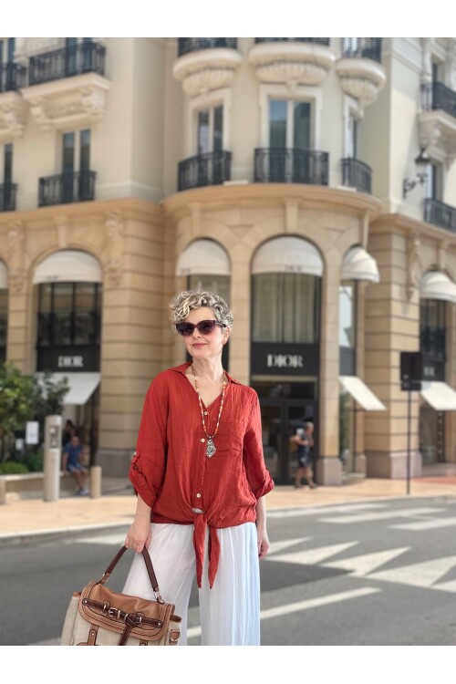 Della Sırt Brode İşlemeli İthal Keten Gömlek Kiremit