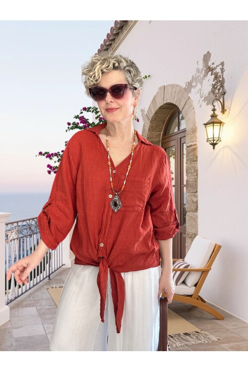 Della Sırt Brode İşlemeli İthal Keten Gömlek Kiremit