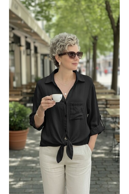 Della Sırt Brode İşlemeli İthal Keten Gömlek Siyah