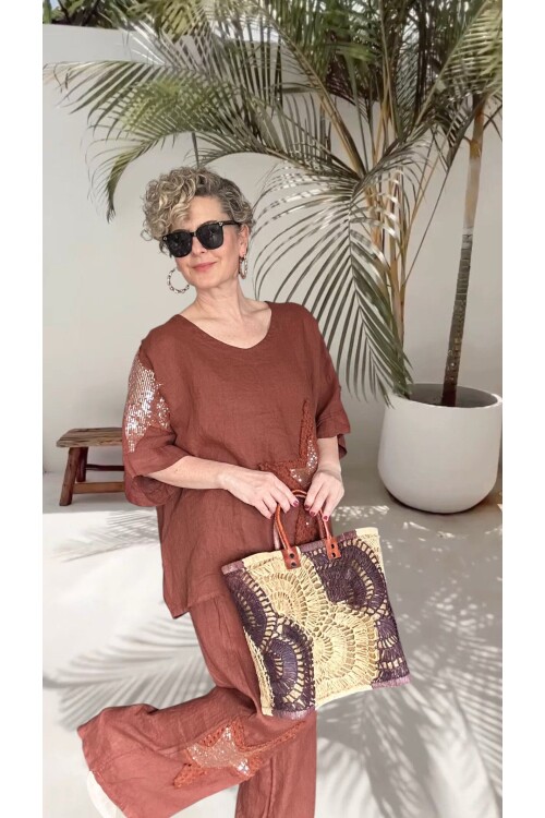Dolce | Payet Yıldız Detaylı %100 Linen İkili Takım Cinnamon