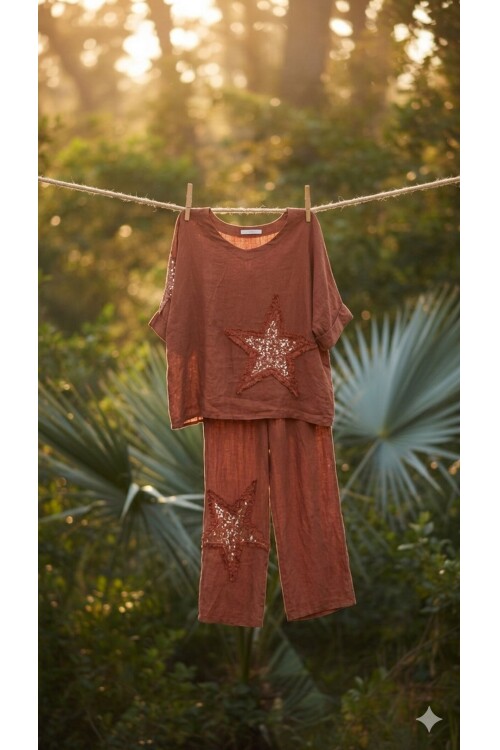 Dolce | Payet Yıldız Detaylı %100 Linen İkili Takım Cinnamon