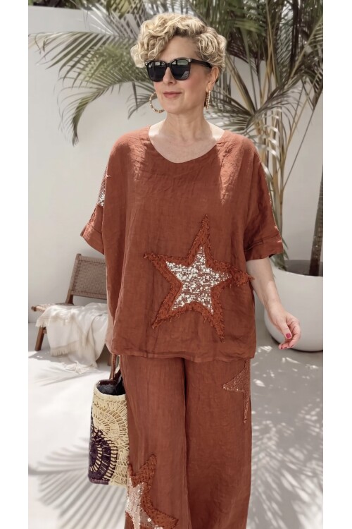 Dolce | Payet Yıldız Detaylı %100 Linen İkili Takım Cinnamon