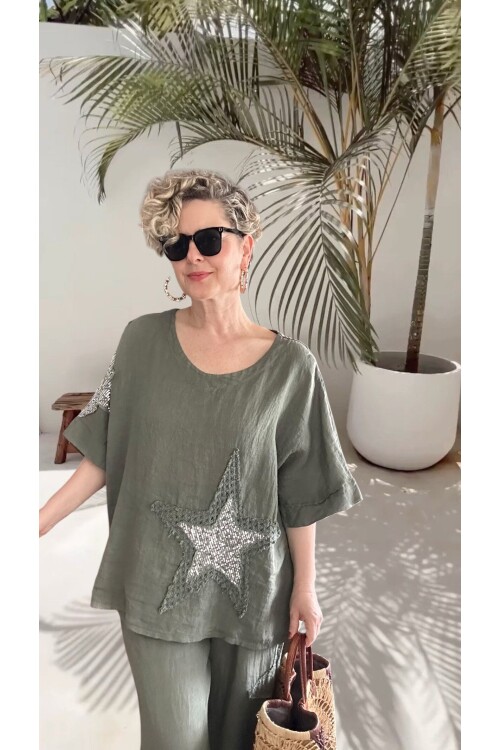 Dolce | Payet Yıldız Detaylı %100 Linen İkili Takım Military