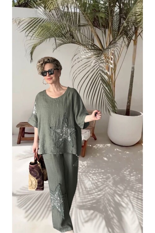 Dolce | Payet Yıldız Detaylı %100 Linen İkili Takım Military