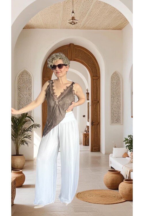 Dussi İtalyan Tasarım İpek Pantolon Beyaz