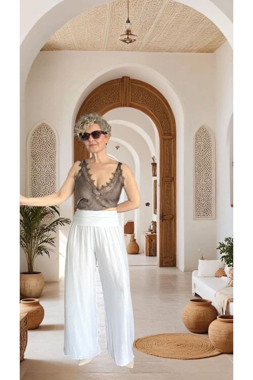 Dussi İtalyan Tasarım İpek Pantolon Beyaz