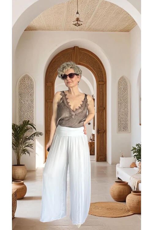 Dussi İtalyan Tasarım İpek Pantolon Beyaz