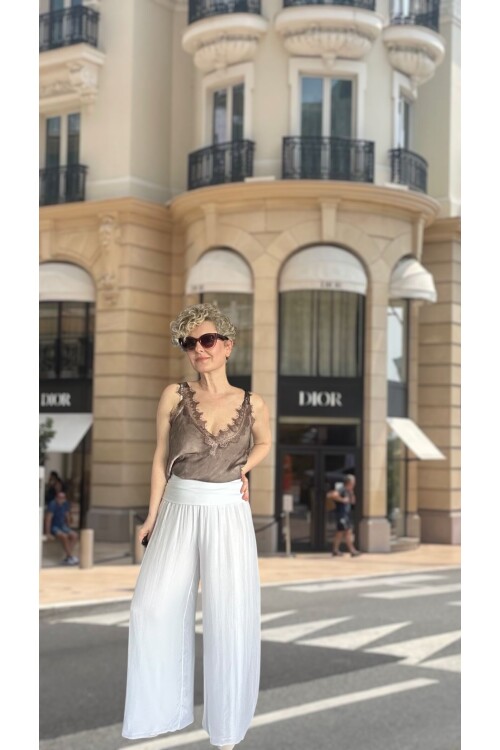 Dussi İtalyan Tasarım İpek Pantolon Beyaz