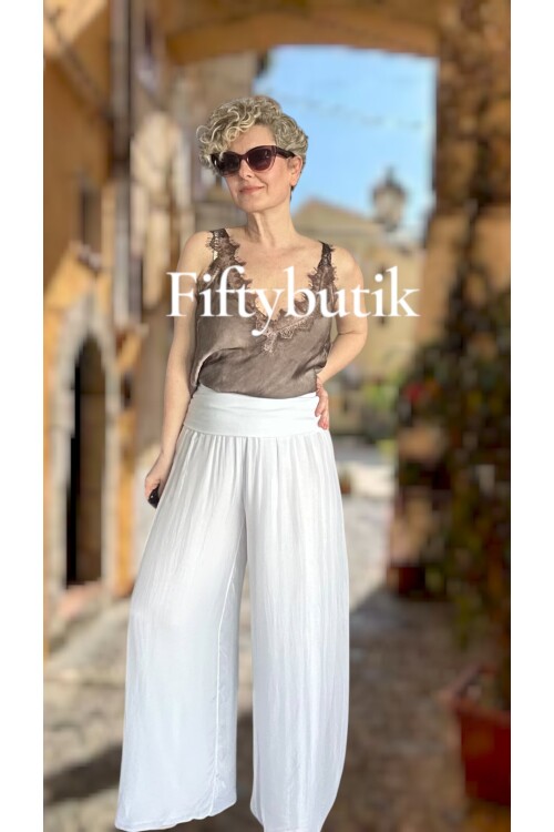 Dussi İtalyan Tasarım İpek Pantolon Beyaz