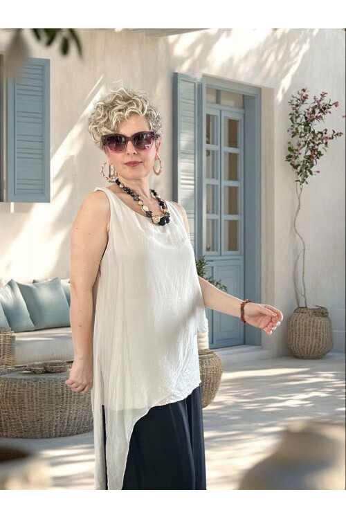 Eclissi İthal Asimetrik Kesim Pullu İpek Bluz Beige