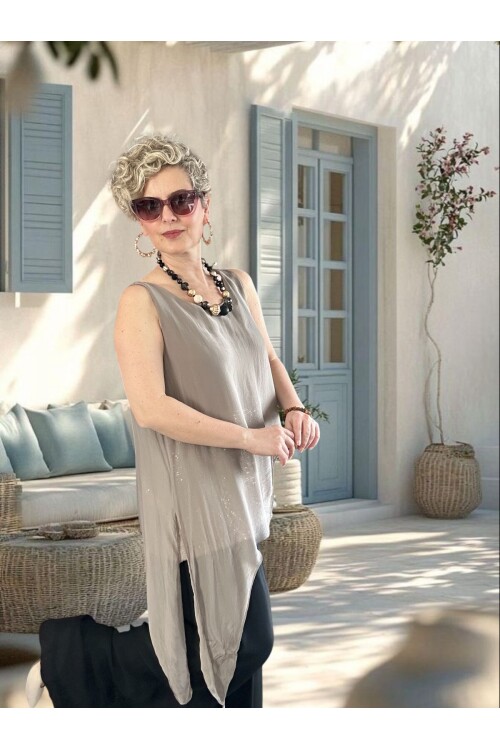 Eclissi İthal Asimetrik Kesim Pullu İpek Bluz Fango