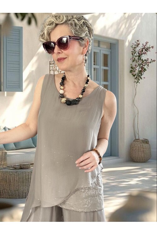 Eclissi İthal Asimetrik Kesim Pullu İpek Bluz Fango