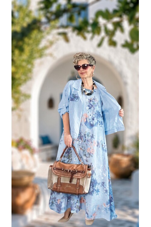 Esse İthal %100 Linen Ceket & Kolsuz Elbise Takımı Açık Mavi