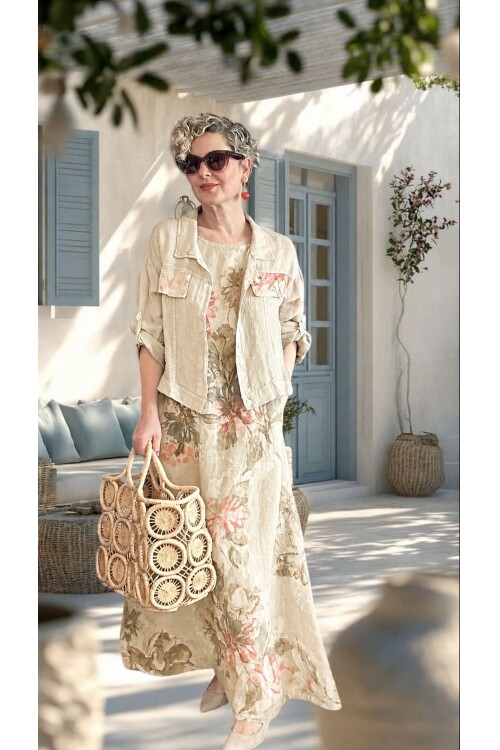 Esse İthal %100 Linen Ceket & Kolsuz Elbise Takımı Beige