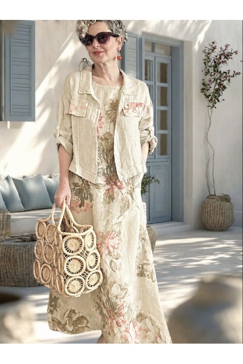 Esse İthal %100 Linen Ceket & Kolsuz Elbise Takımı Beige