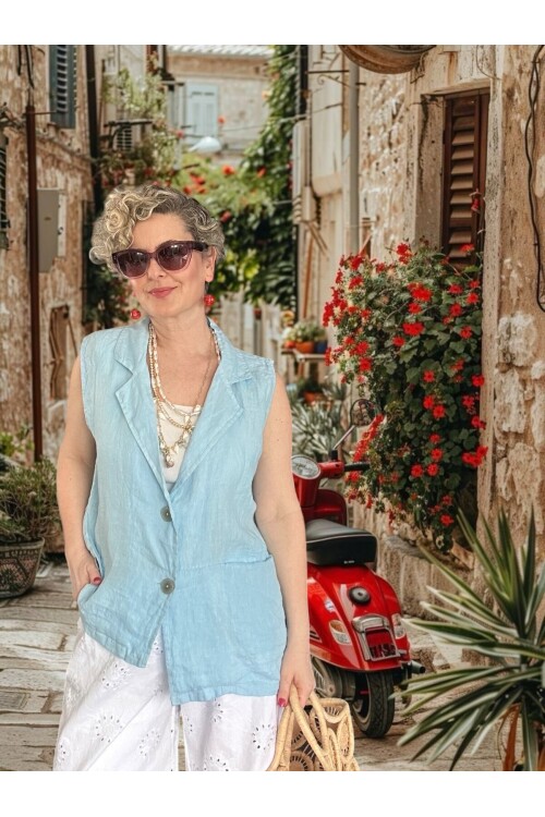 Estee %100 Linen Asimetrik Kesim Blazer Yelek Bebe Mavi