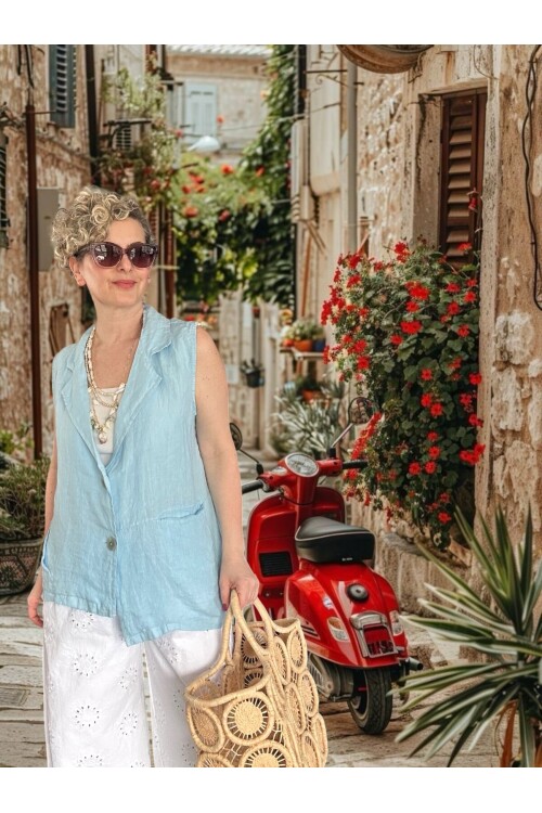 Estee %100 Linen Asimetrik Kesim Blazer Yelek Bebe Mavi