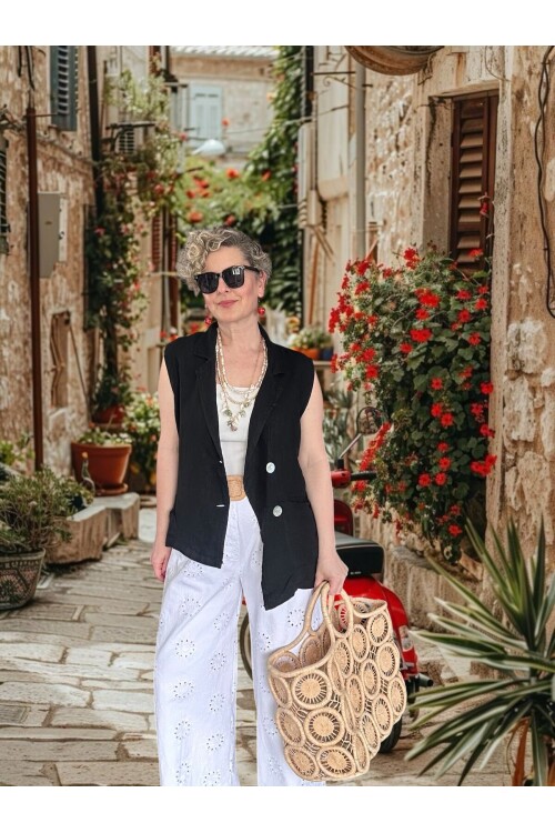 Estee %100 Linen Asimetrik Kesim Blazer Yelek Siyah