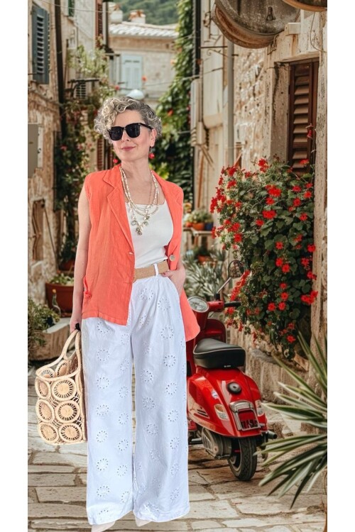 Estee %100 Linen Asimetrik Kesim Blazer Yelek Somon