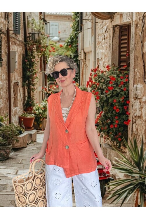 Estee %100 Linen Asimetrik Kesim Blazer Yelek Somon