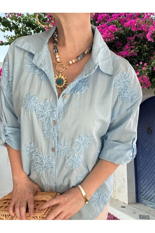 Eyyo İtalyan Dolgu Çiçek Desen Gömlek Bebe Mavi