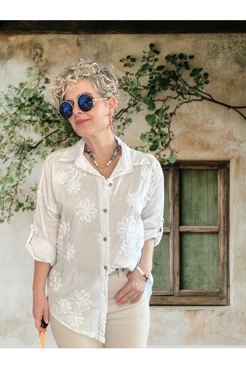 Eyyo İtalyan Dolgu Çiçek Desen Gömlek Beyaz