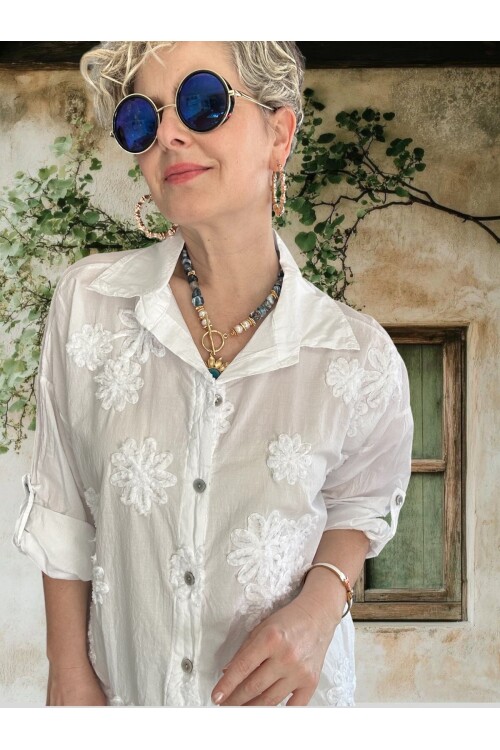 Eyyo İtalyan Dolgu Çiçek Desen Gömlek Beyaz