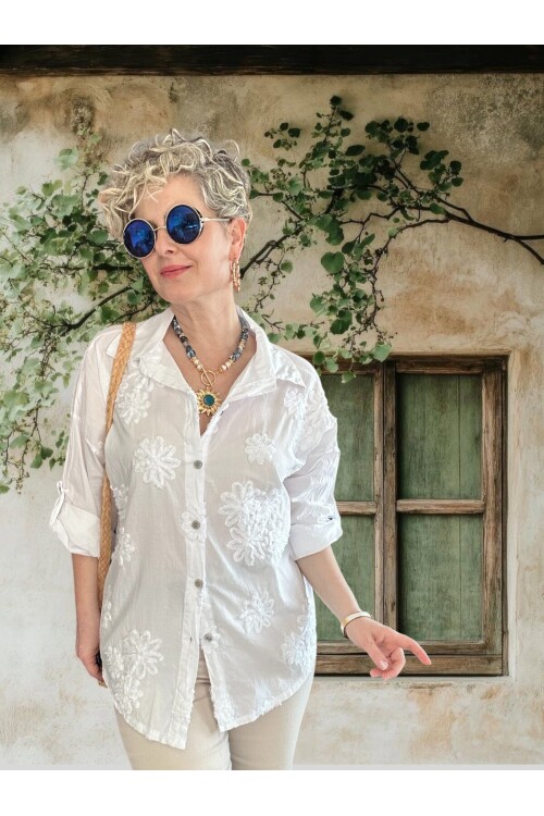 Eyyo İtalyan Dolgu Çiçek Desen Gömlek Beyaz