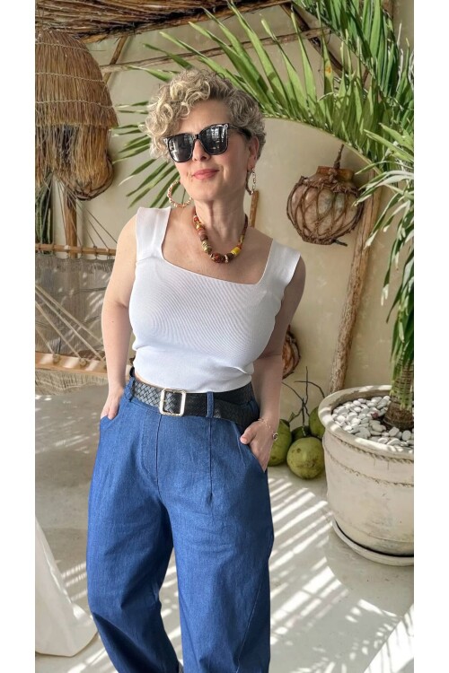 Facci İthal Kemer Detaylı Yüksek Bel Kot Pantolon İndigo