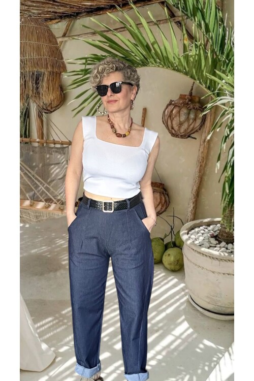 Facci İthal Kemer Detaylı Yüksek Bel Kot Pantolon Lacivert