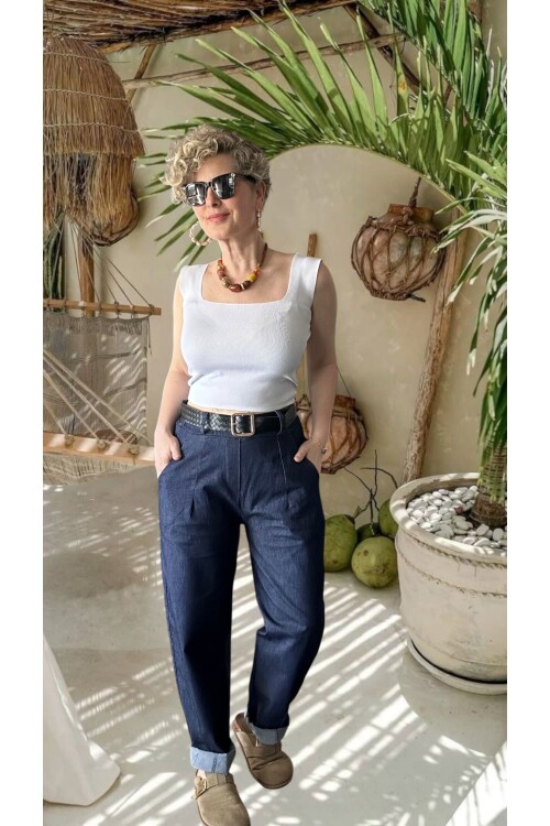 Facci İthal Kemer Detaylı Yüksek Bel Kot Pantolon Lacivert