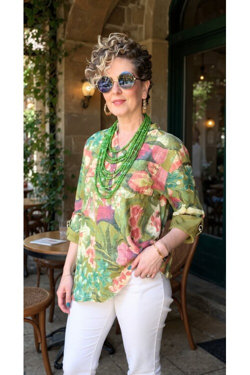 Felli Zambak Desen Desenli İtalyan Gömlek Yağ Yeşil