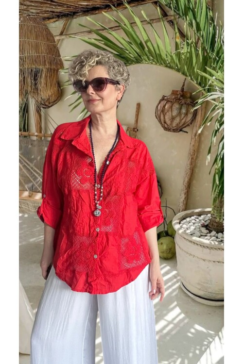 Ferru İtalyan Fisto Kare Çiçek Desen Gömlek Kırmızı